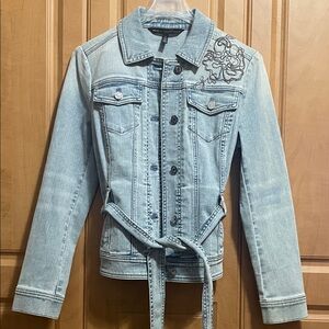 White House Black Market Embroidered Light Blue Jean Jacket